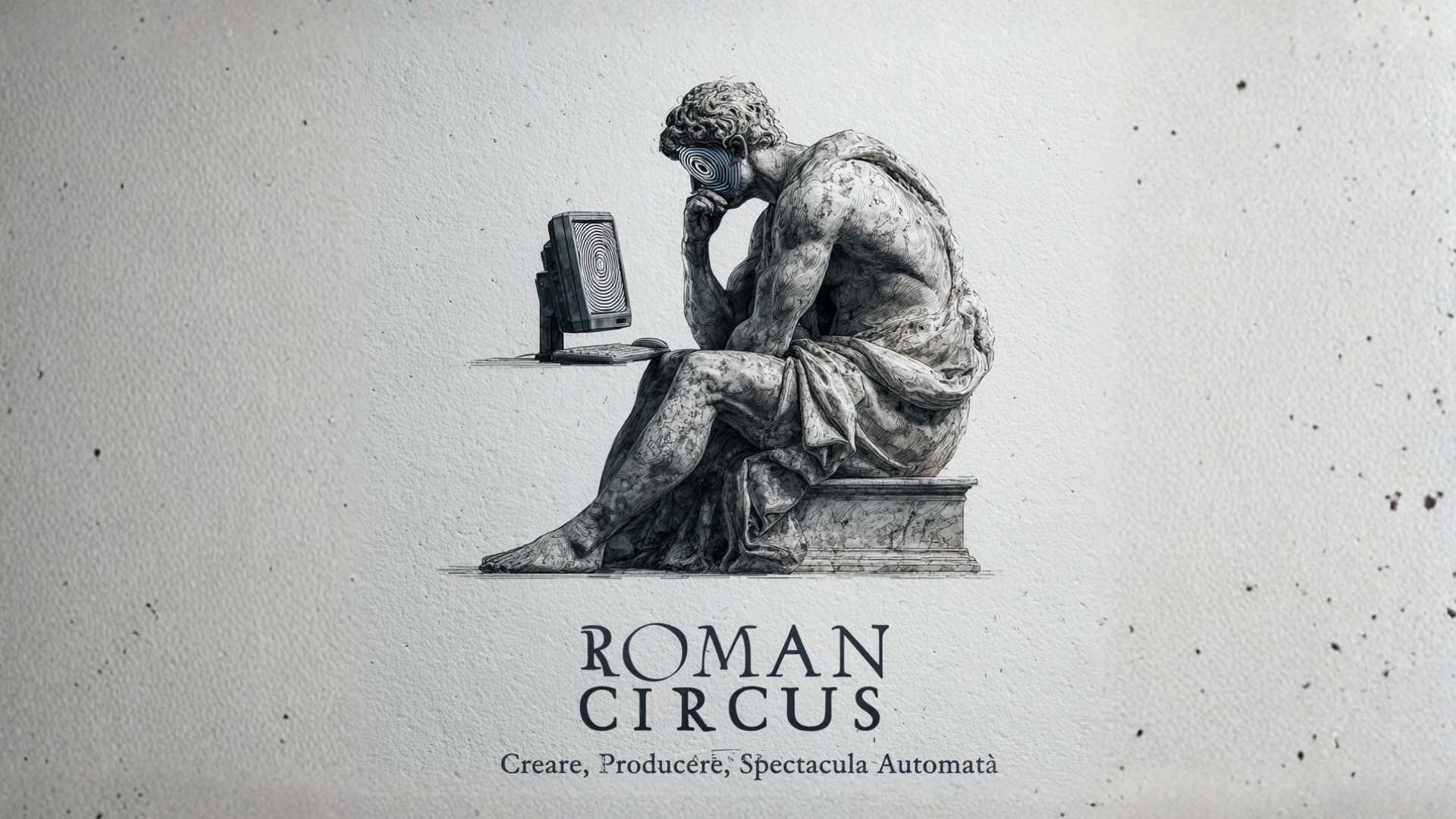 Roman statue studying a hypnotic screen, the Roman Circus hero artwork